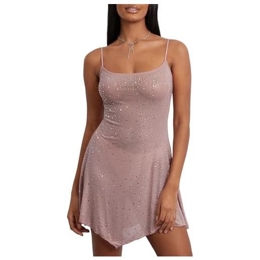 Owegvia mini abito da donna con paillettes luccicanti, senza maniche, con spalline sottili, con strass, abito da cocktail lucido, rosa, s