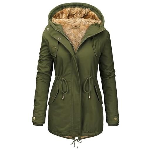 Vancavoo parka invernale donna foderato con cappuccio, esterno in cotone | cappotto giubbotto vita regolabile, polsini a coste, chiusura con zip e bottoni, tasche laterali oblique
