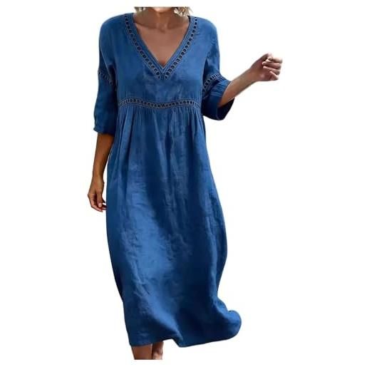 Gienslru vestito lino donna estivo lungo boho chic abito scollo a v maniche 3/4 manich vestiti estivi lunghi casual elegante per mare spiaggia taglie forti curvy dresses abito con tasche primavera