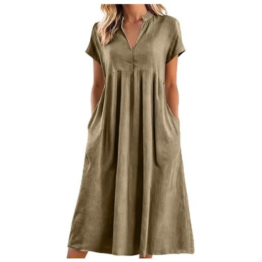 Generic abito midi da donna in cotone e lino con scollo a v e maniche corte, abito casual con tasche laterali, abito estivo da donna leggero in tinta unita, caff, l