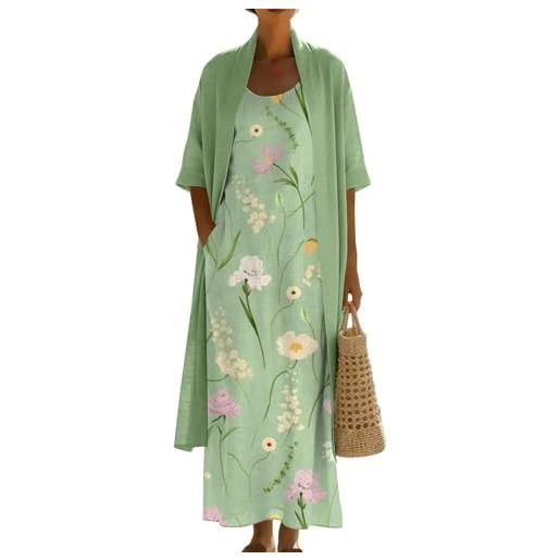 Generico completo donna elegante - taglie forti set vestito e cardigan coordinato abito estivo spolverino boho vintage cotone e lino leggero fresco cerimonia matrimonio vacanza abiti lunghi