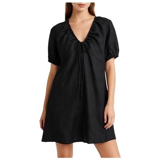 Amazhiyu abito da donna in lino, abito estivo da donna, in lino, con scollo a v, a maniche corte, per il tempo libero, elegante