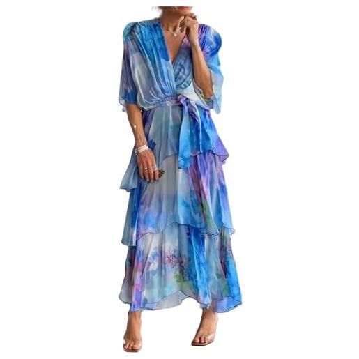 Generic commencu - elegante abito in chiffon, abito estivo midi da donna, con scollo a v, con volant, a strati, blu, l