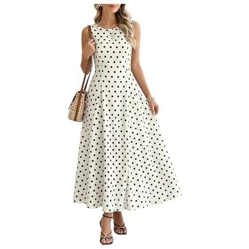 Fengbay abito estivo a pois, senza maniche, scollo rotondo, linea ad a, vita alta, bianco, l