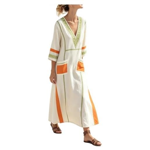 Generico vestito donna estivo kaftano boho chic in cotone e abito lungo etnico lino con tasche e scollo a v prendisole per mare spiaggia vacanza stile oversize traspirante (khaki-1, m)