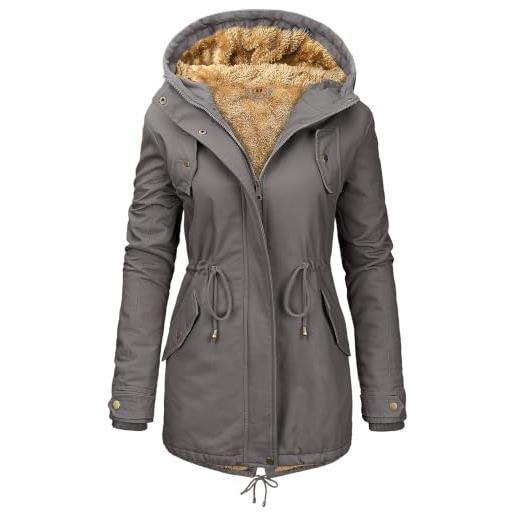 Vancavoo parka invernale donna foderato con cappuccio, esterno in cotone | cappotto giubbotto vita regolabile, polsini a coste, chiusura con zip e bottoni, tasche laterali oblique