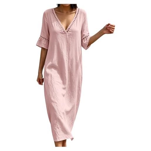 Generico abito lino donna 2026 abito estivo a maniche a 3/4 boho chic traforato abiti vacanza comodo vestiti tinta unita morbido e traspiranti scollo a v largo vestiti da spiaggia per mare spiaggia vacanza
