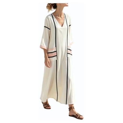 Generico vestito donna estivo kaftano boho chic in cotone e abito lungo etnico lino con tasche e scollo a v prendisole per mare spiaggia vacanza stile oversize traspirante (white-1, s)