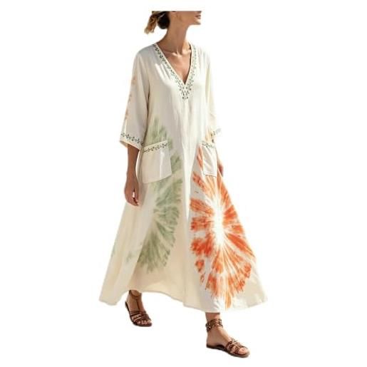 Generico vestito donna estivo kaftano boho chic in cotone e abito lungo etnico lino con tasche e scollo a v prendisole per mare spiaggia vacanza stile oversize traspirante (orange-1, s)