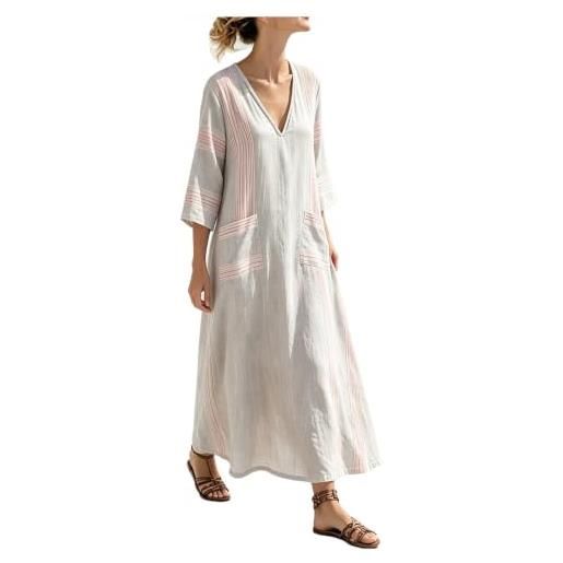 Generico vestito donna estivo kaftano boho chic in cotone e abito lungo etnico lino con tasche e scollo a v prendisole per mare spiaggia vacanza stile oversize traspirante (blue-1, s)