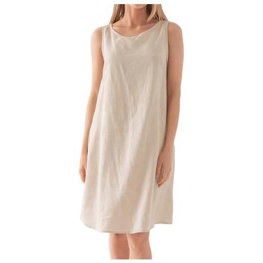Amazhiyu abito in lino da donna, senza maniche, abito estivo da spiaggia, a linea, abito da donna, estivo, a maniche lunghe, girocollo, abito da tempo libero, con tasche, beige. , s