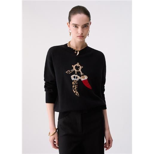 Liu jo maglia jacquard in lana con charm, nero