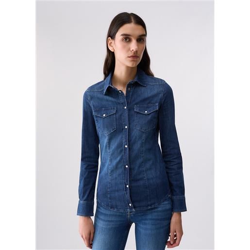 Liu jo camicia in denim con ricamo, denim blu