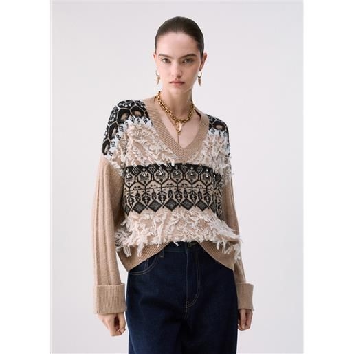 Liu jo maglia jacquard con ricami gioiello, beige