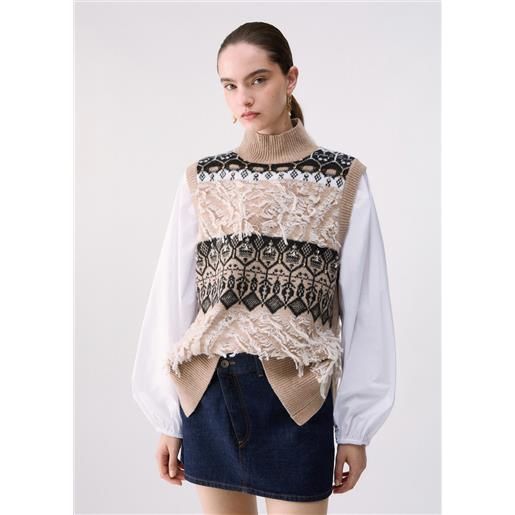 Liu jo gilet jacquard con ricami gioiello, beige
