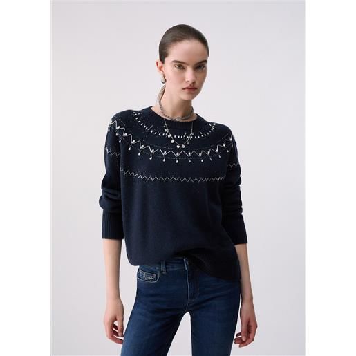 Liu jo maglia in lana con ricami gioiello, blu scuro