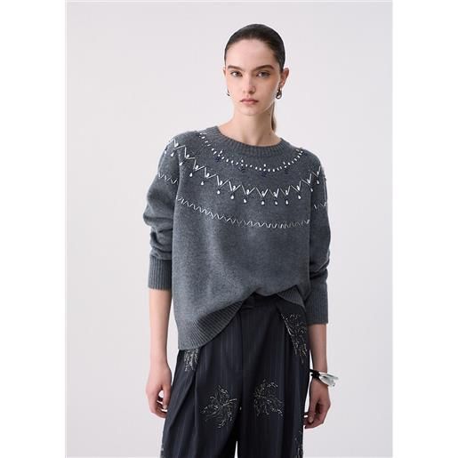 Liu jo maglia in lana con ricami gioiello, grigio