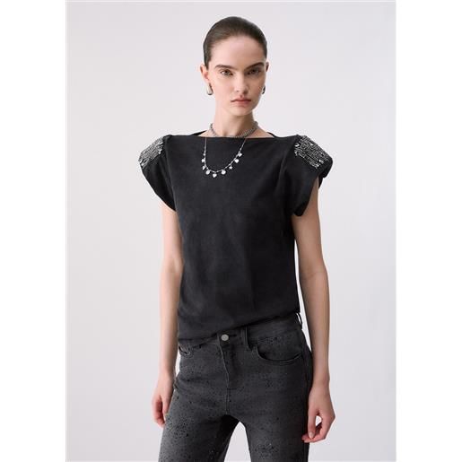 Liu jo top in jersey con ricamo, grigio