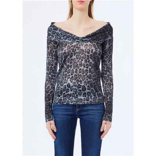 Liu jo maglia con scollo a v, animalier grigio