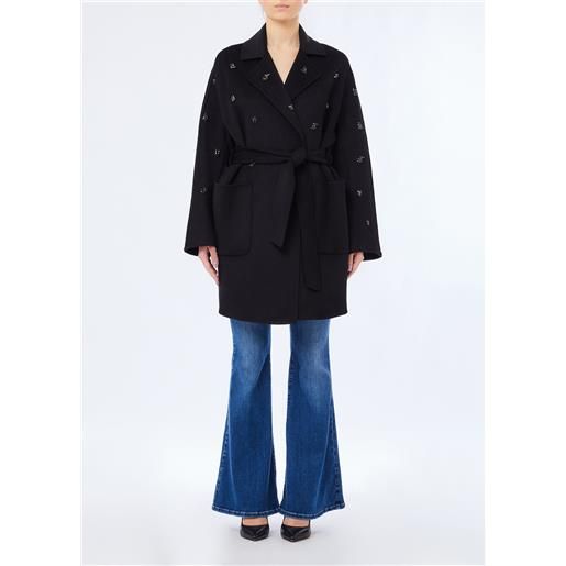 Liu jo cappotto in lana con ricami gioiello, nero