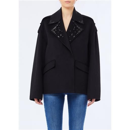 Liu jo cappotto in lana con ricami gioiello, nero
