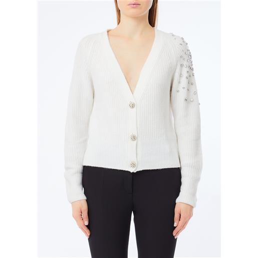 Liu jo cardigan in lana con ricami gioiello, bianco