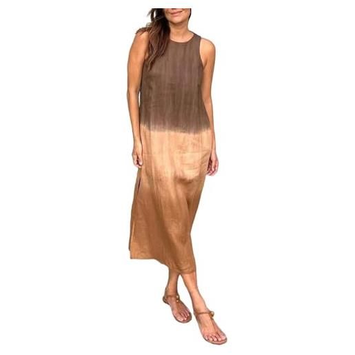 liangp abito da donna casual lungo in cotone e lino con spacco e gradiente e fantasia batik camicia pizzo donna abito bianco stretto, marrone, xxxl
