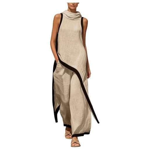 WAZHAKU abito da donna, elegante, da sposa, senza maniche, con orlo asimmetrico e colori a contrasto, per il tempo libero, traspirante, casual, loungewear