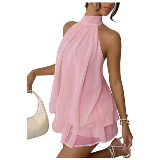 Xiaoliny vestito donna elegante senza maniche mini abito con scollo halter e volant estivo vestiti ampio in chiffon sexy abiti schiena scoperta con laccio vestito corto per festa discoteca cocktail