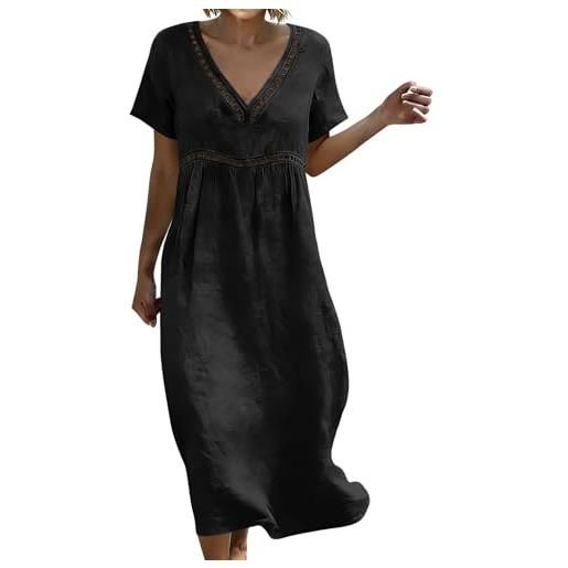 Generico abito lino donna elegante abiti estivo scollo a v tinta unita confortevole abiti comodo taglie forti morbido traspiranti vestito lungo cotone boho chic largo vestiti per vacanza