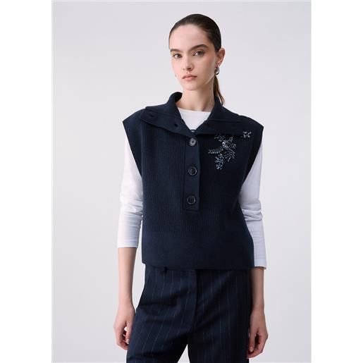 Liu jo gilet in lana con ricamo gioiello, blu scuro
