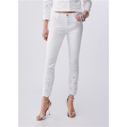 Liu jo pantaloni skinny con ricamo sangallo, bianco