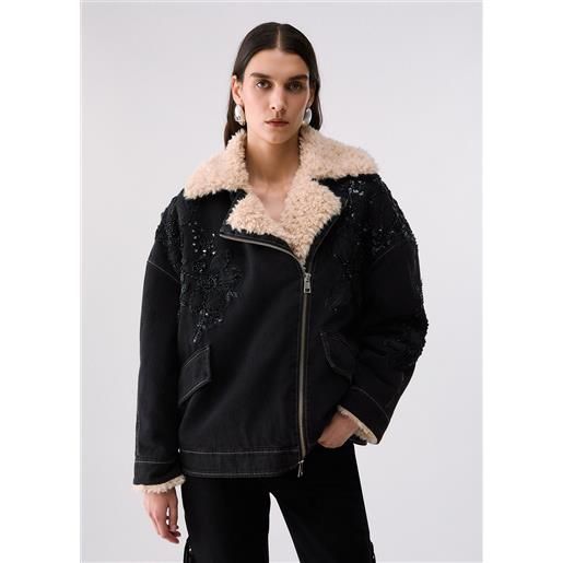 Liu jo giubbotto in denim con inserti teddy, denim nero