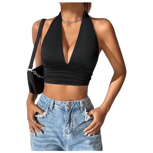 GORGLITTER top da donna con allacciatura al collo, top estivo, senza schiena scoperta, nero , m