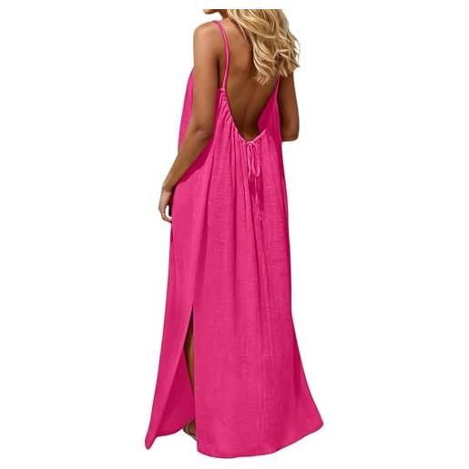 Generico vestito lungo estivo donna abito con schiena scoperta vestito da mare boho chic dresses vestiti con spalline sottili elegante abiti cerimonia caftano scollato senza maniche taglie forti tinta unita