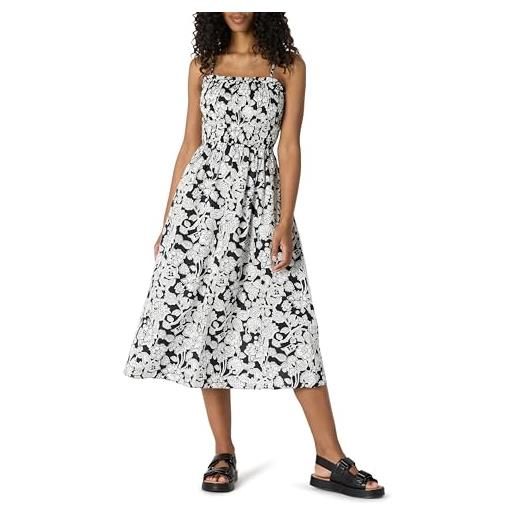 Amazon Essentials abito con corpetto ricamato a punto smock in raso di cotone, vestibilità classica donna, nero avorio folk floral, xxs