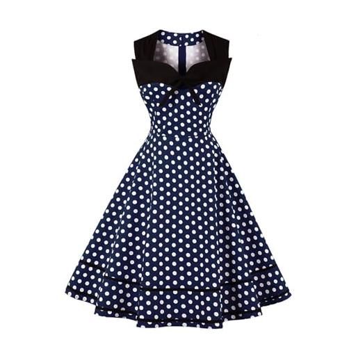 AXOE donna abito vintage anni 50 elegante con fiocco rockabilly cotone senza maniche per festa cerimonia blu navy pois bianco taglia 54, 4xl