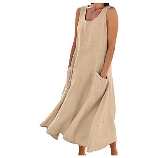 SMIDOW abito lungo estivo da donna in cotone e lino, senza maniche, elegante, fluido, taglie forti, comodo abito con tasche