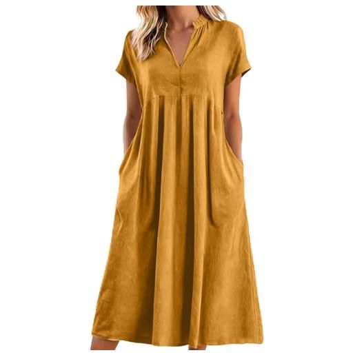 Generico abito donna estivo in cotone e lino - vestito lungo ampio con scollo a v, abito casual chic fluido leggero e comodo per mare vacanze quotidiano