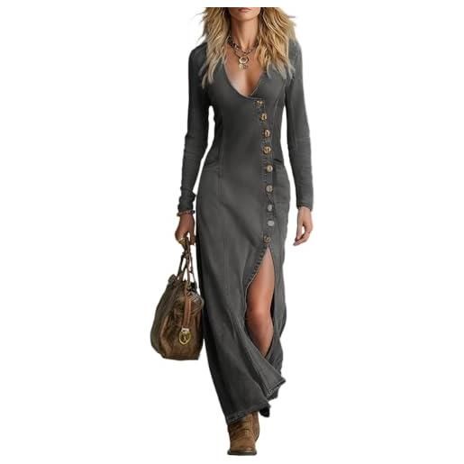 shownicer vestiti donna vestito lungo primaverile vestito jeans manica lunga abito vita alta abiti con fessura a nero l