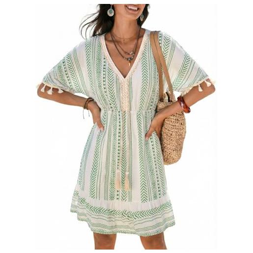 CUPSHE abito estivo da donna con nappa, scollo a v, in pizzo, a maniche corte, motivo cachemire, boho, casual, prendisole per vacanze e spiaggia