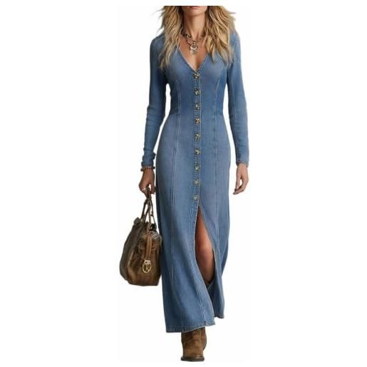 shownicer vestiti donna vestito lungo primaverile vestito jeans manica lunga abito vita alta abiti con fessura a blu xl
