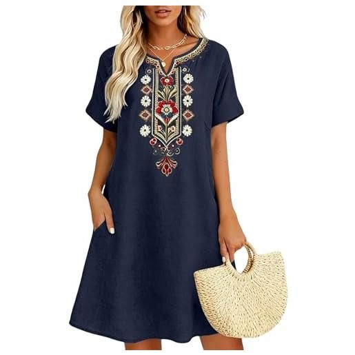 Chanpning vestiti estivi donna cotone lino ricamo floreale abiti boho chic dress vestito da mare elegante abiti cerimonia manica corta scollo a v al ginocchio vestito donna estivo corto casual