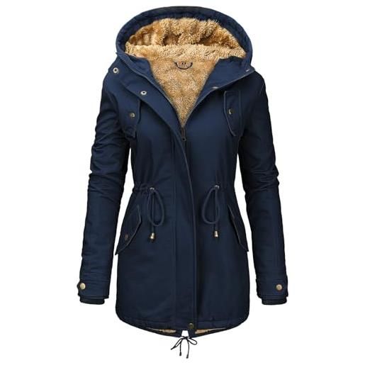Vancavoo parka invernale donna foderato con cappuccio, esterno in cotone | cappotto giubbotto vita regolabile, polsini a coste, chiusura con zip e bottoni, tasche laterali oblique