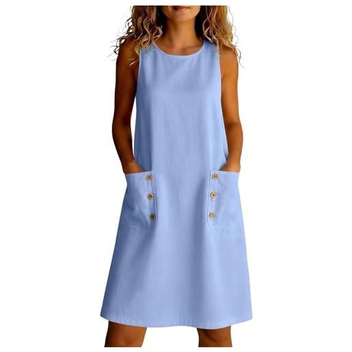 Generico vestito donna elegante corto senza maniche abito estivo in lino cotone con scollo a u e tasche vestiti casual leggero traspirante vestiti mare curvy per spiaggia uscite casa lavoro viaggi, blu, m