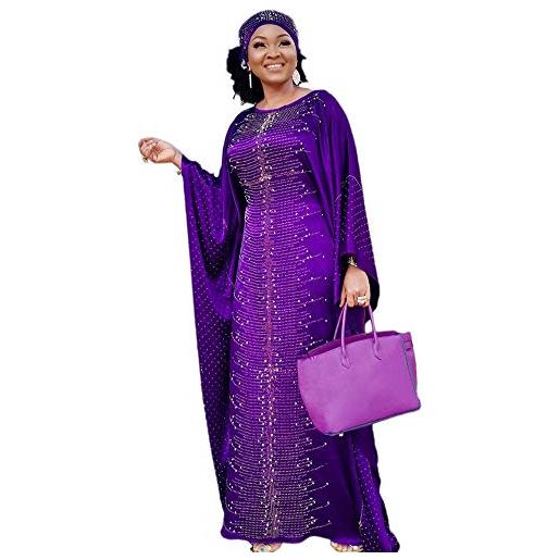 HD abito africano da donna, alla moda, con perline e strass, caftano, maxi abito, viola, taglia unica