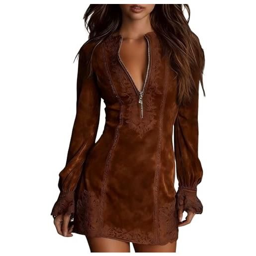 Generic mini abito da donna in pelle scamosciata, con scollo a v, con cerniera, maniche lunghe, con bordo in pizzo, stile vintage, stile western, cow, marrone, 3xl