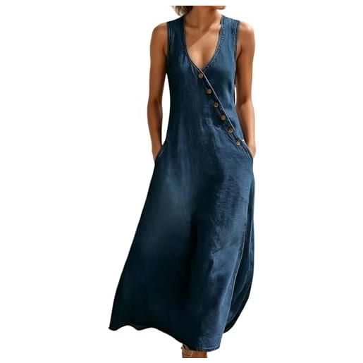 Generisch - abito da donna in jeans sexy, senza maniche, scollo a v, con abbottonatura obliqua, elasticizzato, estivo, corto, in denim, slim fit, vintage, casual, con tasche applicate, jumpsuit-abito