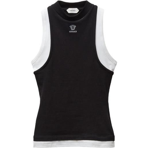 Versace canotta in jersey di cotone con logo ricamato - nero