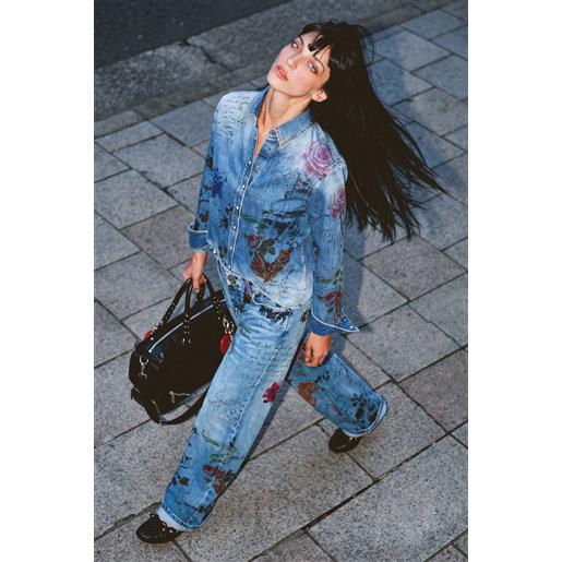 Desigual, camicia stampata in denim, donna, cotone, blu, l